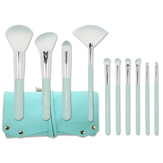 Set de 10 pinceaux avec pochette couleur Mint en cuir végétalien - Visage et yeux