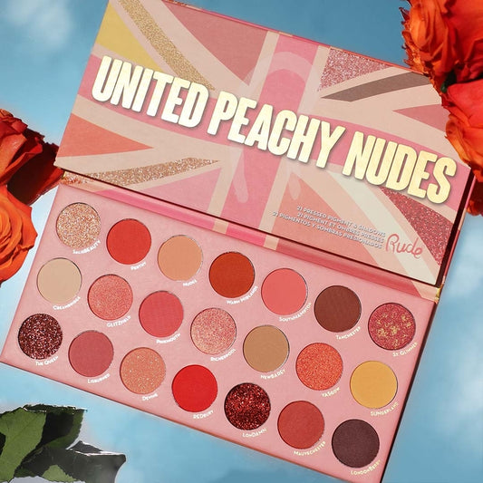 Palette de 21 fards à paupière Nude Pêche de Rude Cosmetics - United Peachy Nudes