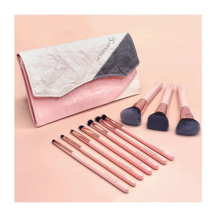 Set de 10 pinceaux avec pochette couleur Rose pâle/or rose - Visage et yeux