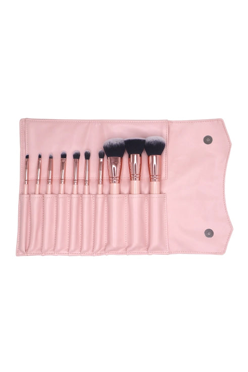 Set de 10 pinceaux avec pochette couleur Rose pâle/or rose - Visage et yeux