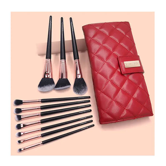 Set de 10 pinceaux avec pochette couleur Rouge similicuire végétalien - Visage et yeux